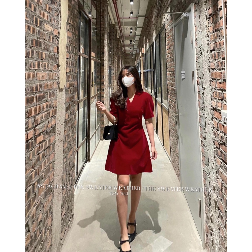 (Ảnh thật) Váy nhung dáng xoè cổ V tay bồng the.sweaterweather TSW | BigBuy360 - bigbuy360.vn