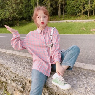 (Săn gile) Set len gile ulzzang / Sơ mi kẻ ( sẵn áo len)