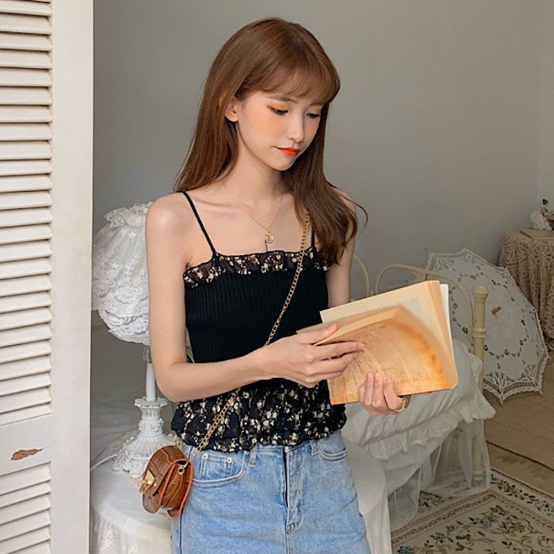 Áo dệt kim 2 dây in hoa xinh xắn cho nữ