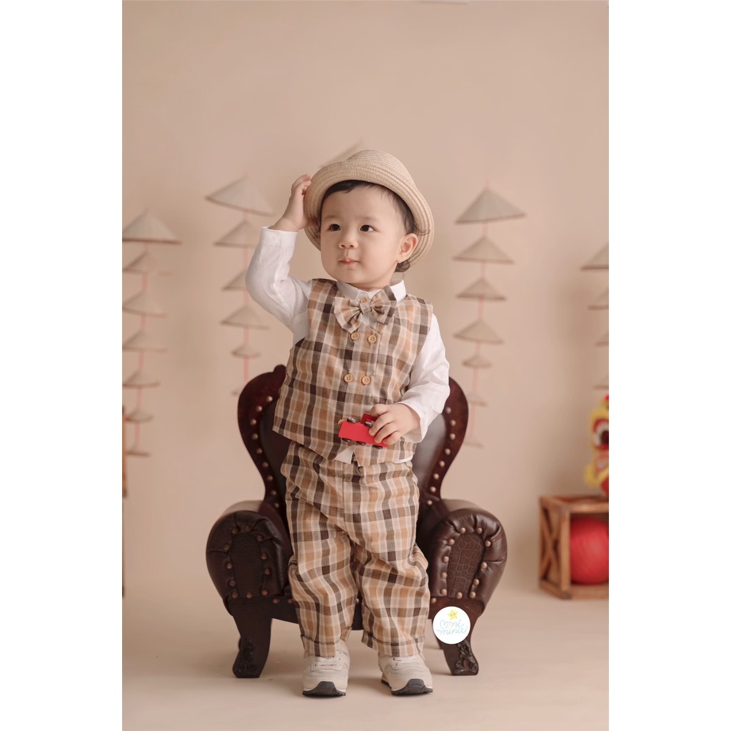 Set gile kẻ sọc kèm nơ cho bé trai từ 6 tháng đến 3 tuổi