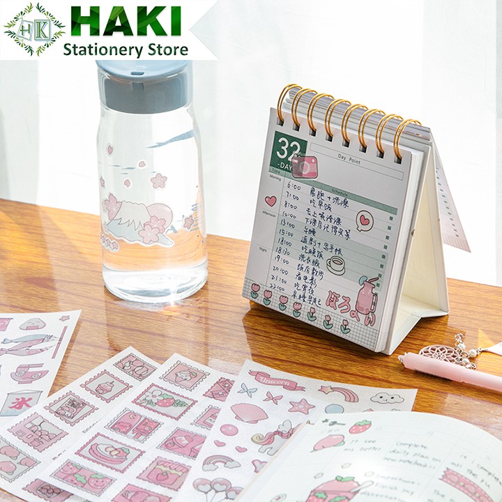 Sticker cute hoạt hình dễ thương HAKI, hình dán cute 4 sticker chống thấm nước trang trí sổ đáng yêu giá rẻ ST27