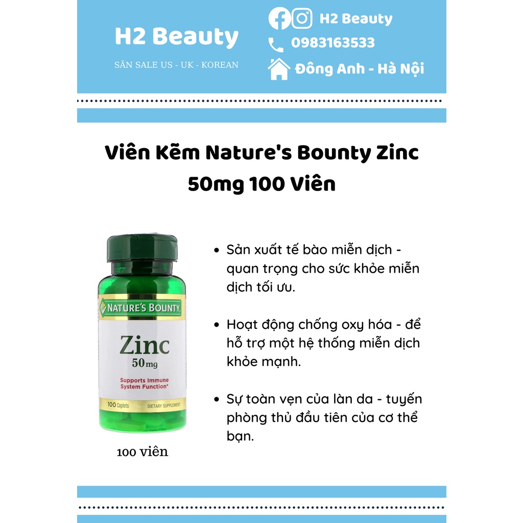 Viên Kẽm Nature's Bounty ZinC 50mg 100 viên