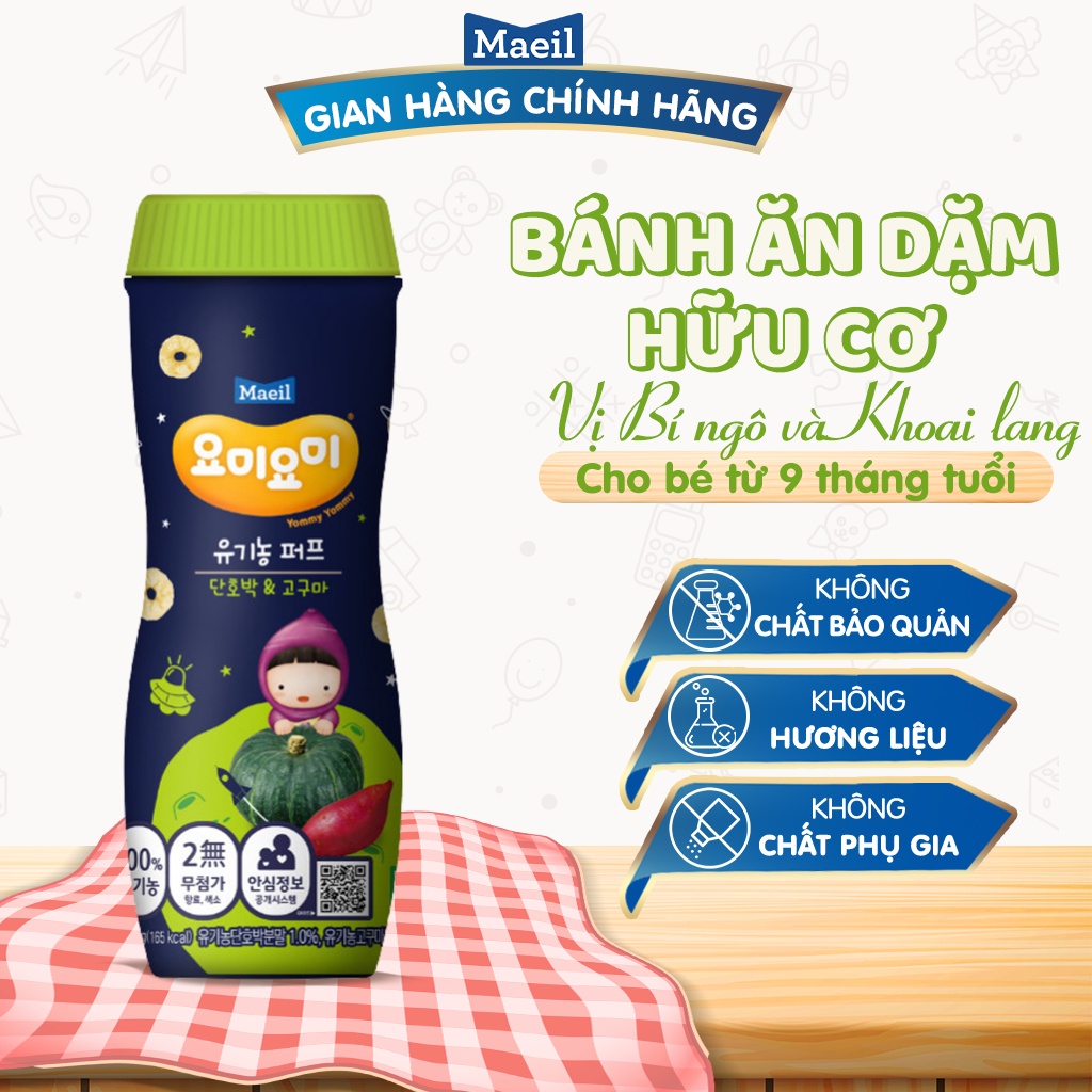 Bánh Ăn Dặm Hữu Cơ MAEIL Yommy Yommy Hàn Quốc Vị Bí Ngô Và Khoai Lang, Bổ Sung Canxi Cho Bé (Hộp 42g)