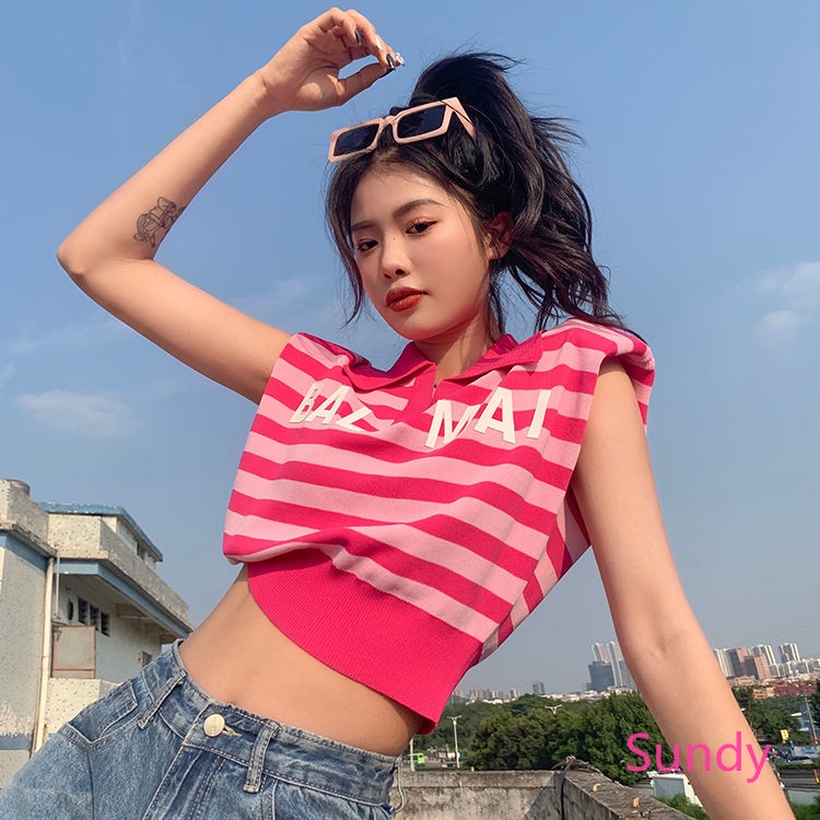 Áo Polo Dệt Kim Sát Nách Kẻ Sọc Kiểu Hàn Quốc Thời Trang Mùa Hè Cho Bé Gái