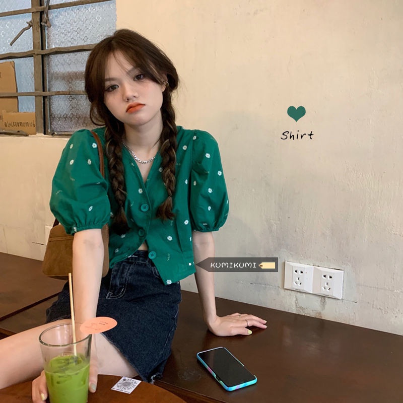 Áo Cardigan Tay Phồng Cổ Chữ V Họa Tiết Hoa Cúc Phong Cách Kiểu Pháp Cổ Điển Duyên Dáng