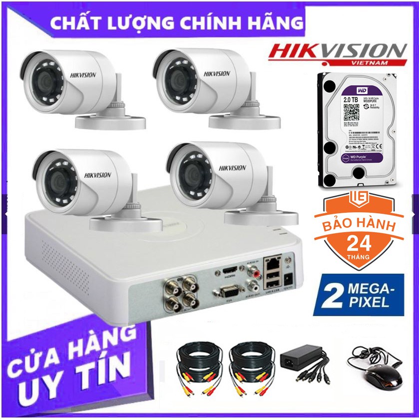 Trọn Bộ 4 Camera giám sát HIKVISION 2.0MP - Tặng kèm HDD (500GB/1TB/2TB) + đầy đủ phụ kiện lắp đặt