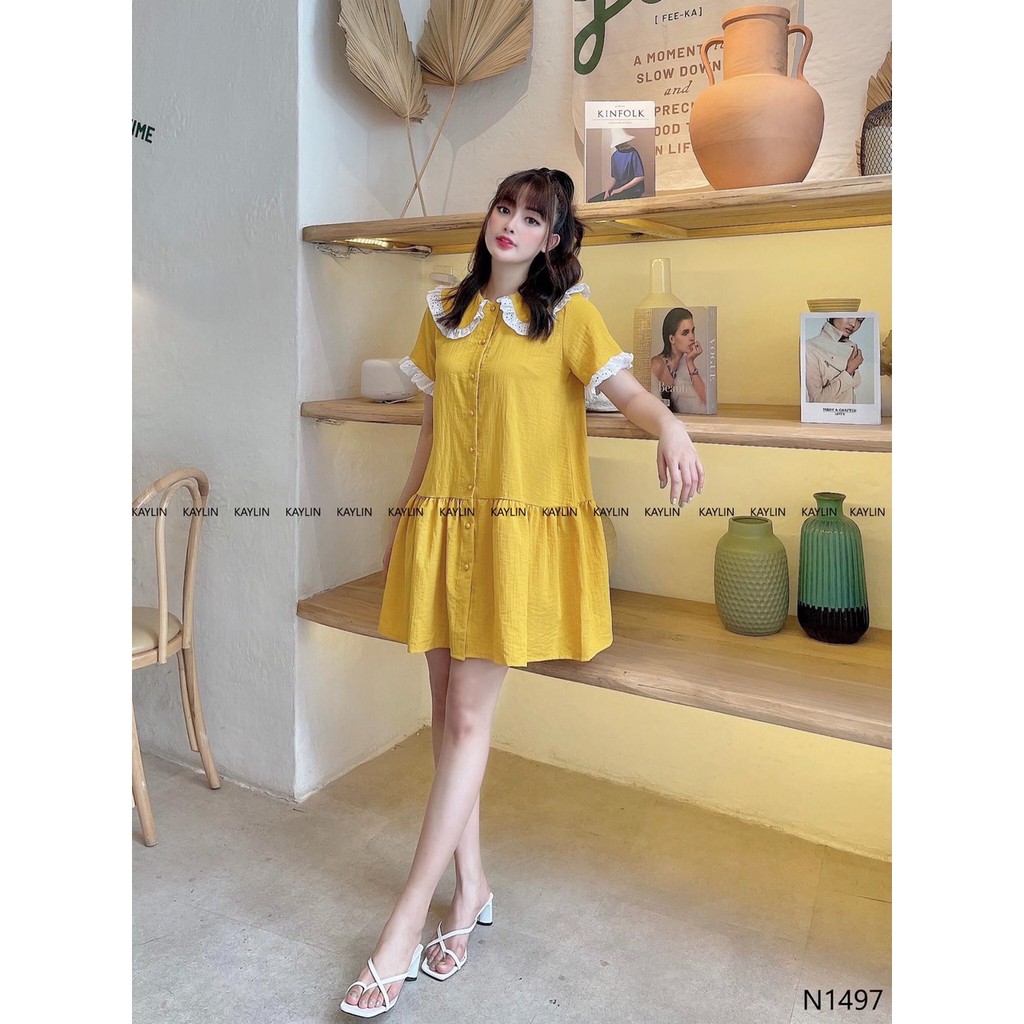 Váy Đầm Suông Phối Bèo Chạy Ren,Tay Ngắn Cài Nút Chất Liệu Umi Mẫu Free Size Dưới 56kg,Phù Hợp Mọi Với Mọi Phong Cách