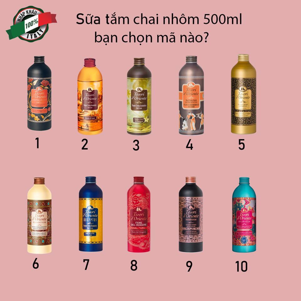 (NHẬPSữa tắm nước hoa Tesori D'oriente chai nhôm 500ml các mùi(kèm vòi)