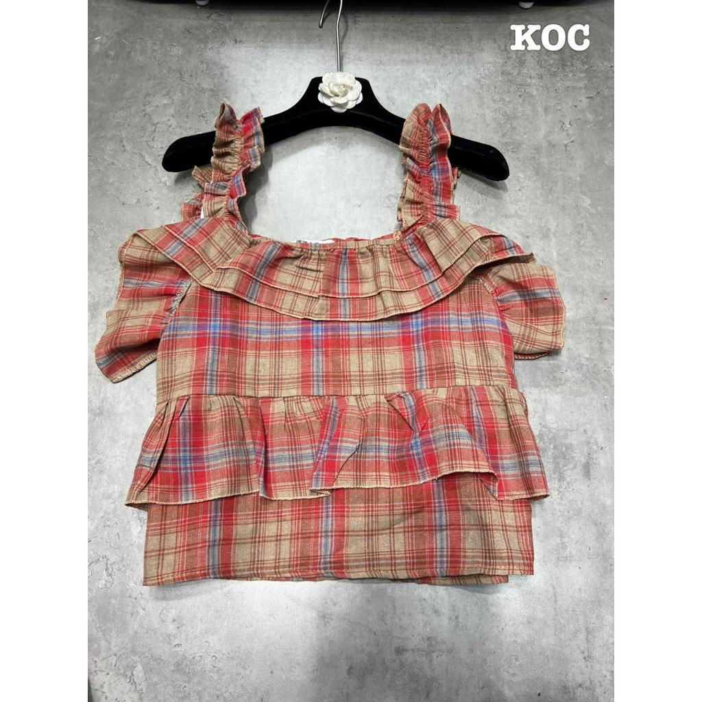 Áo Kẻ Caro Đỏ 2 Dây Bản To Bèo Tầng Áo 2s Viền Bèo Ngực Freesize