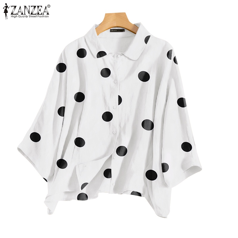 ZANZEA Áo Sơ Mi Nữ Tay Dài Cổ Bẻ Họa Tiết Chấm Bi Thời Trang
