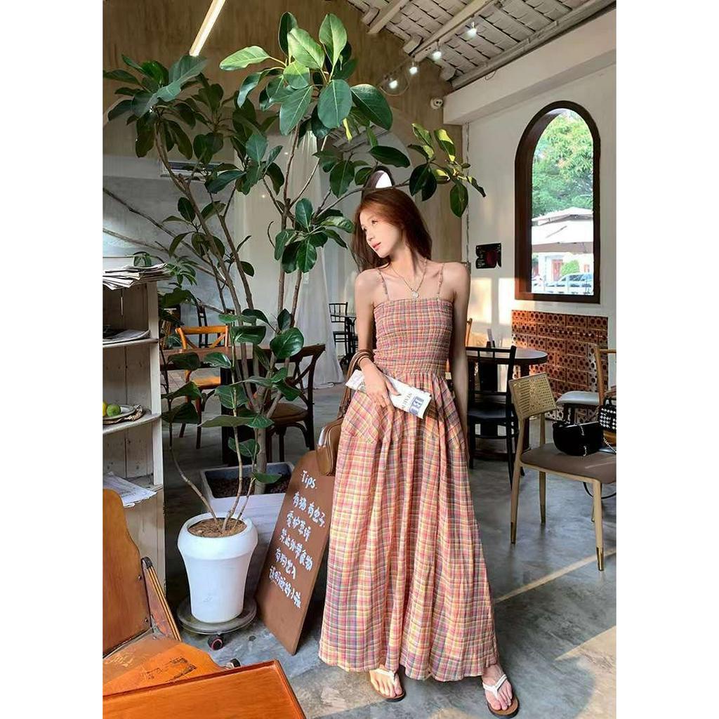 Váy kẻ  hottrend EMIX, đầm 2 dây 2s phong cách Trung Quốc, dáng dài midi chữ A chất thô boil 1959