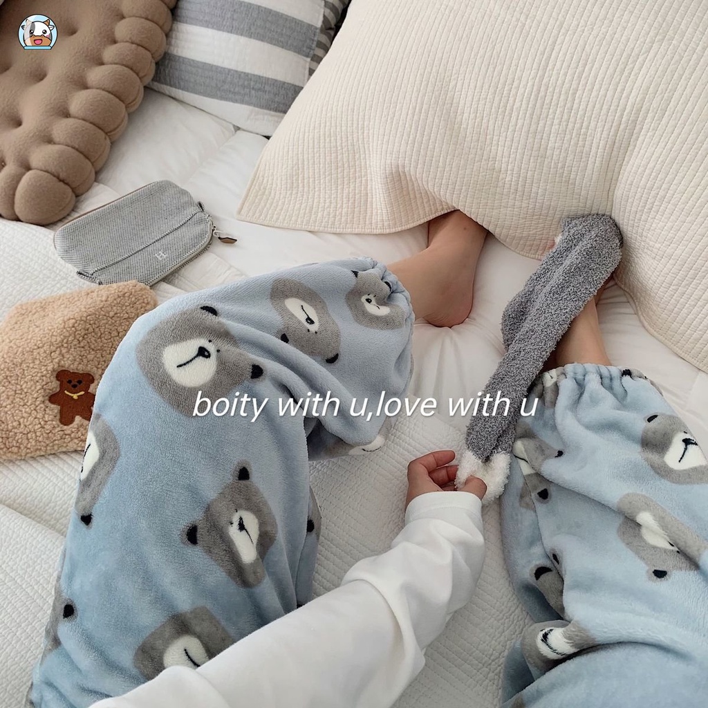 Quần Ngủ Nhung San Hô Dày Hai Mặt Giữ Ấm Mùa Đông In Họa Tiết Gấu Màu Xanh Dương Cho Nữ