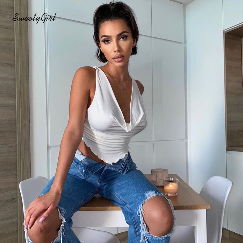 Áo Croptop Không Tay Cổ Chữ V Màu Sắc Ngọt Ngào Quyến Rũ Cho Nữ