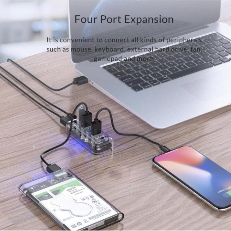 Hub chia USB 3.0 ORICO, UNITEK 4 cổng, 7 cổng trong suốt với nguồn kép - Hàng chính hãng