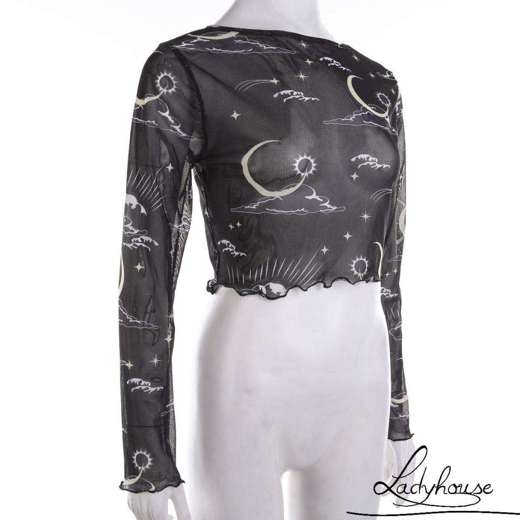 Áo Croptop Tay Dài Cổ Tròn Vải Lưới Xuyên Thấu In Họa Tiết Thời Trang Mùa Hè Cho Nữ