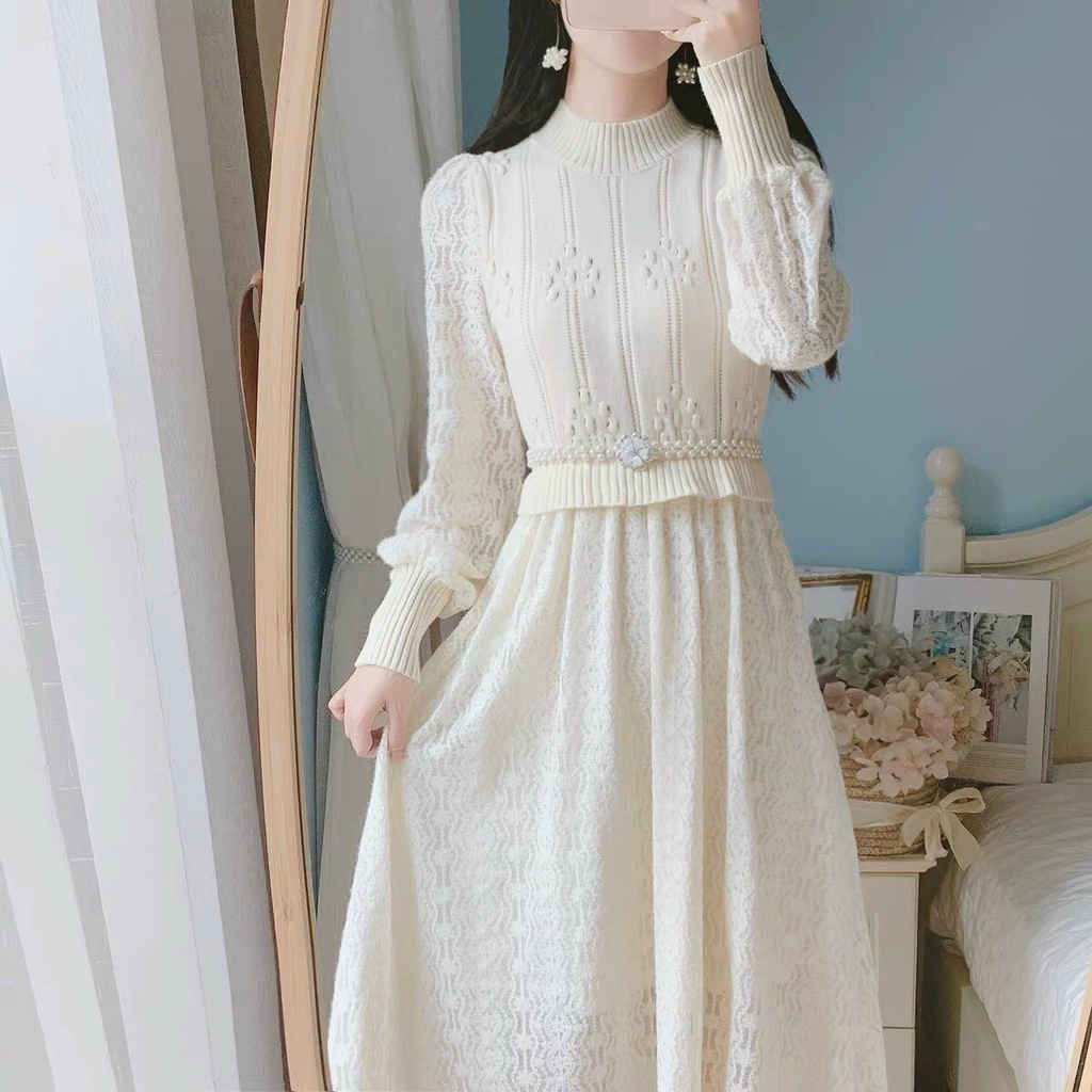 Váy Len Nữ Dài Qua Gối , Đầm Xòe Tay Dài Chất Len Đanh Mịn Pha Ren Hoa Nổi Phong Cách Tiểu Thư Siêu Tôn Dáng