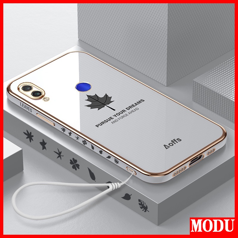 Ốp Điện Thoại Mềm Họa Tiết Lá Phong Dáng Vuông Mạ Màu Sang Trọng + Dây Đeo Cho Xiaomi Redmi Note 7 Pro