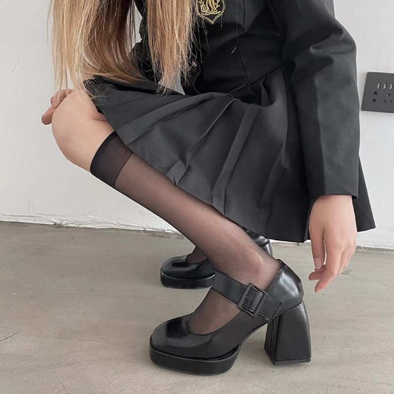 Giày cao gót độn đế bốt martin Mary Jane da Pu mũi vuông phong cách cổ điển Hàn Quốc xinh xắn