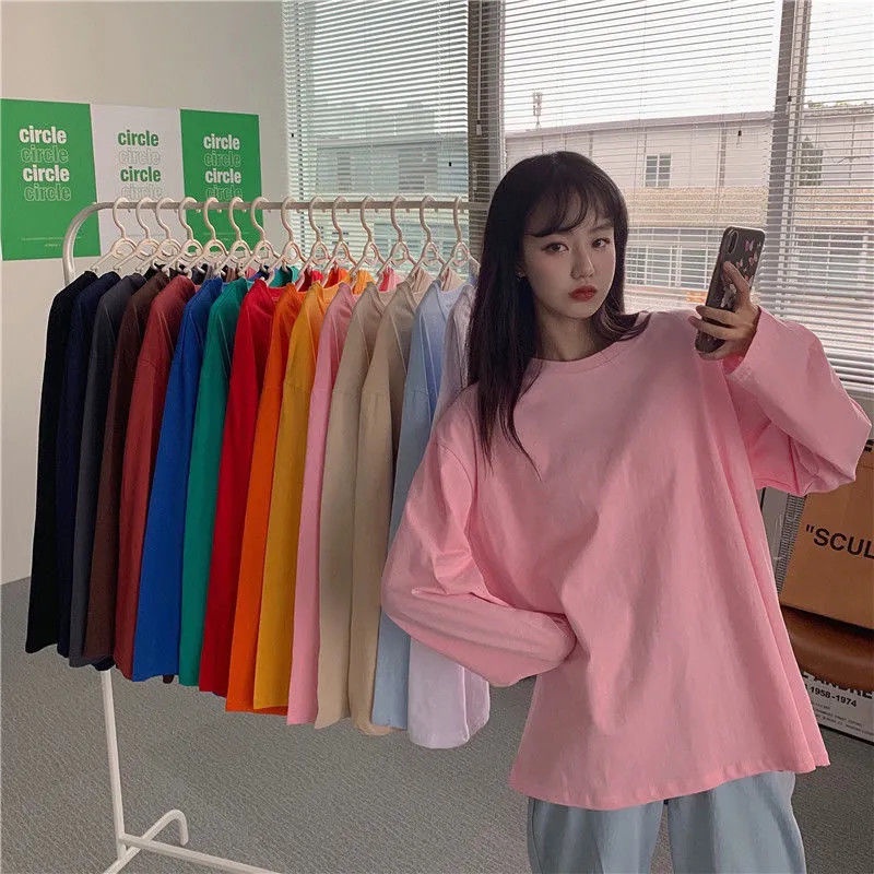 Áo Thun Cotton Tay Dài Dáng Rộng Màu Trơn Phong Cách Hàn Quốc Thời Trang Mới 2022 Cho Nữ Size S-7xl