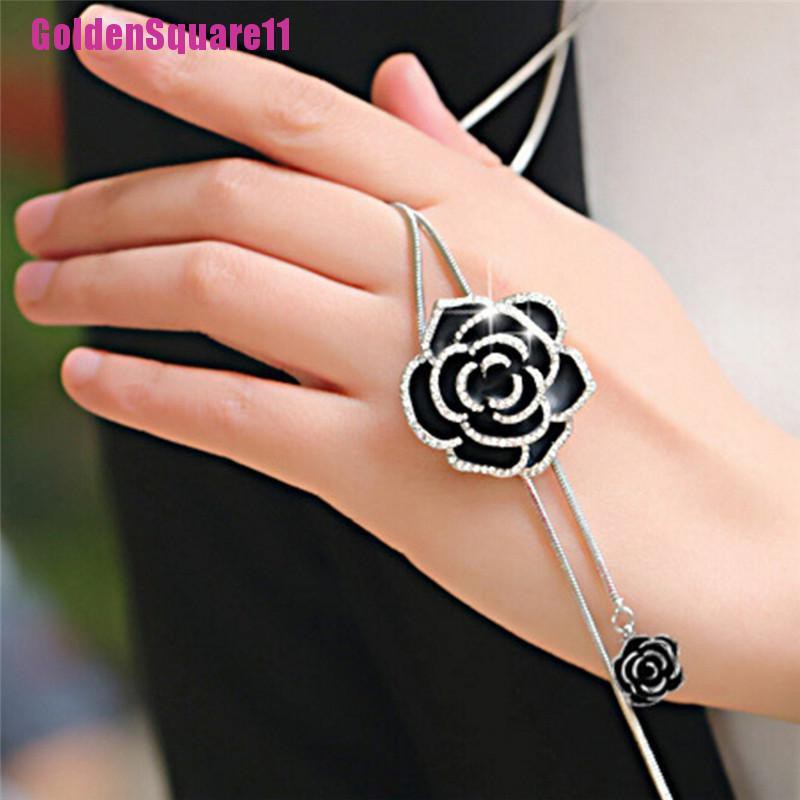 Vòng cổ dài mặt hình hoa hồng đen đính pha lê thời trang cho nữ