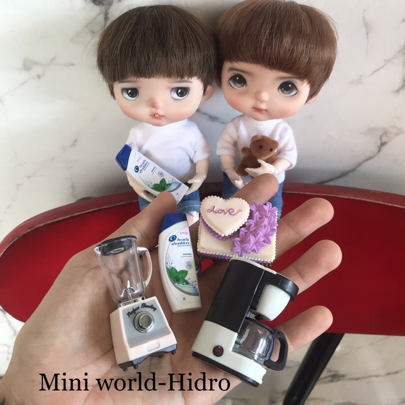 Đồ chơi, phụ kiện, nội thất máy xay sinh tố, máy pha cafe mini tí hon dùng cho Búp bê BJD 1/12, 1/8 trang trí. Combo