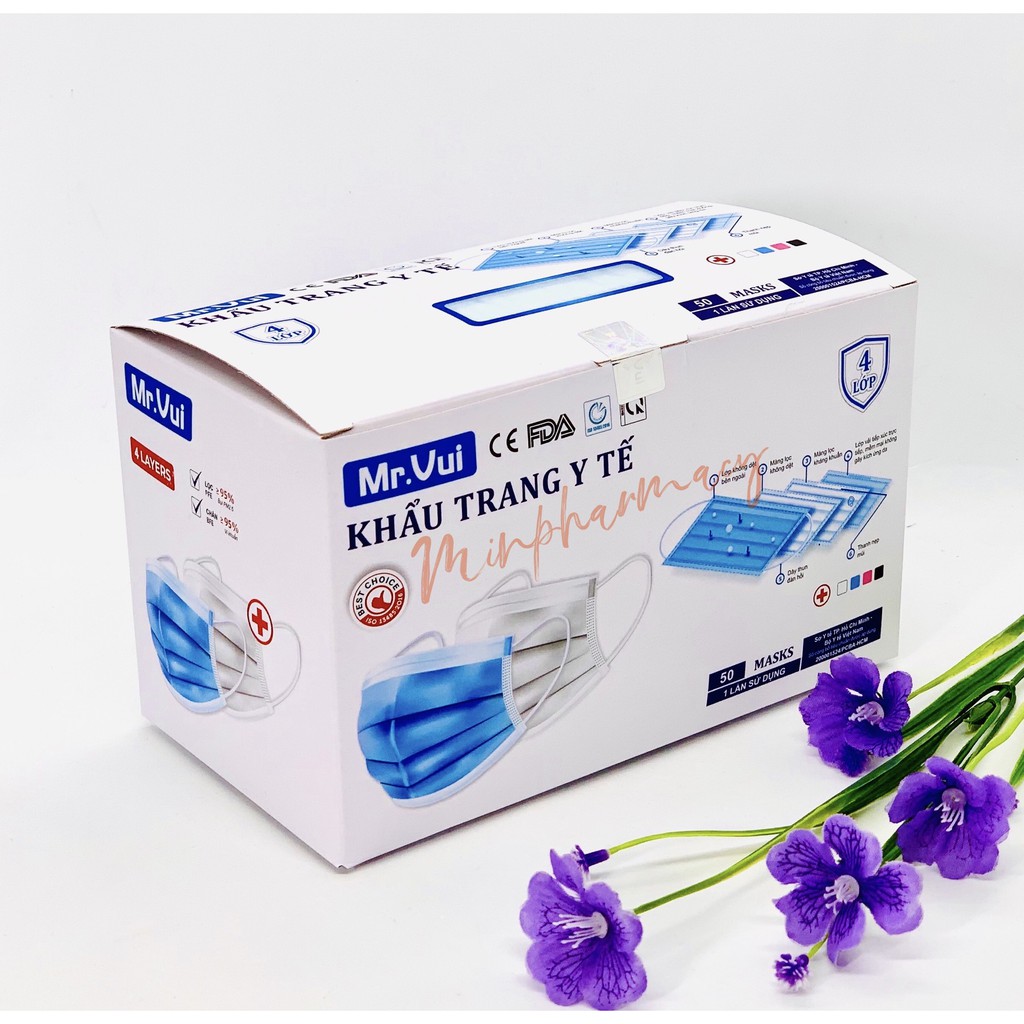 KHẨU TRANG Y TẾ 4 LỚP Mr.VUI - VẢI KHÔNG DỆT KHÁNG KHUẨN – HỘP 50 CÁI - Minpharmacy