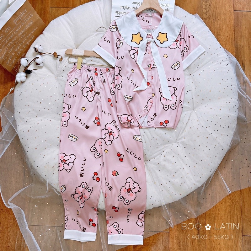 Đồ ngủ lụa latin pijama quần dài áo cột nơ hoặc áo viền cồ freesize 42-60kg