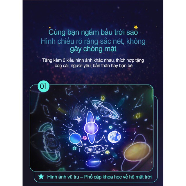 Đèn ngủ ngàn sao 3D chiếu trần xoay tự động an toàn cho mắt kèm 6 hình chiếu cổ tích, đại dương, sinh nhật