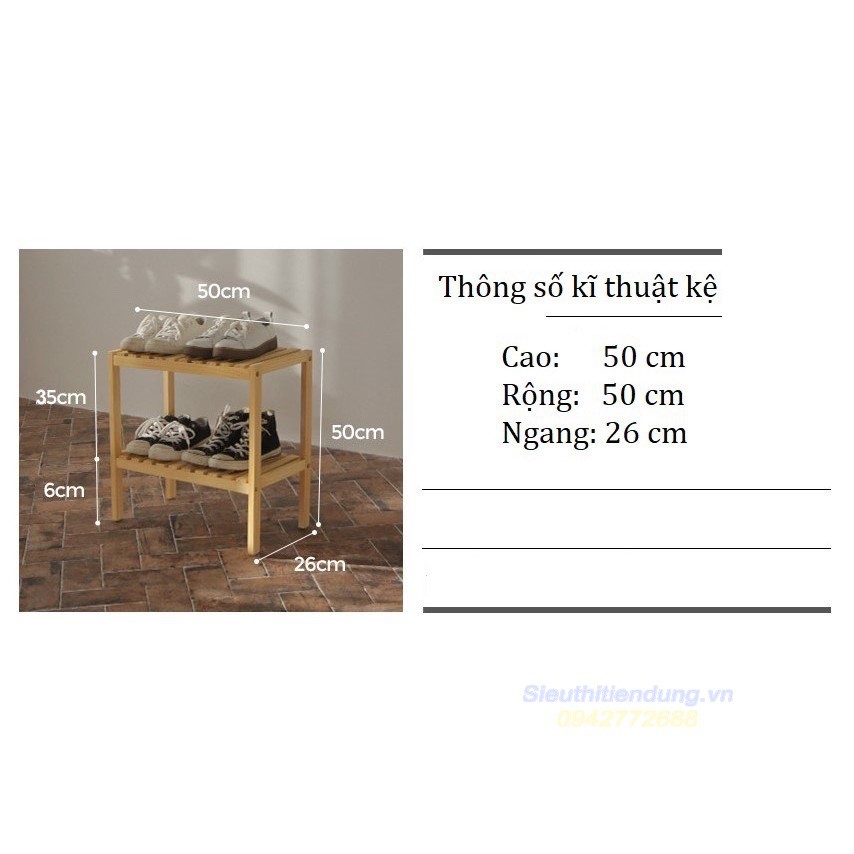 Kệ Giày Dép 2 Tầng dài 50cm - Gỗ thông Tự Nhiên Nhập Khẩu