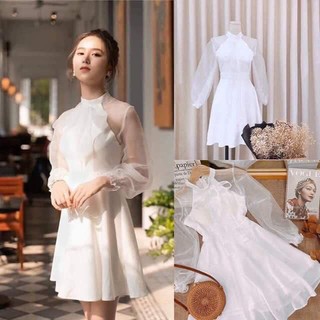 Đầm tiểu thư tay bồng phối nơ cổ siêu xinh