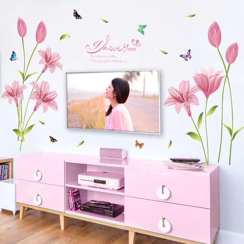 Decal dán Tường phòng ngủ mẫu Tuy Líp Tím + hồng
