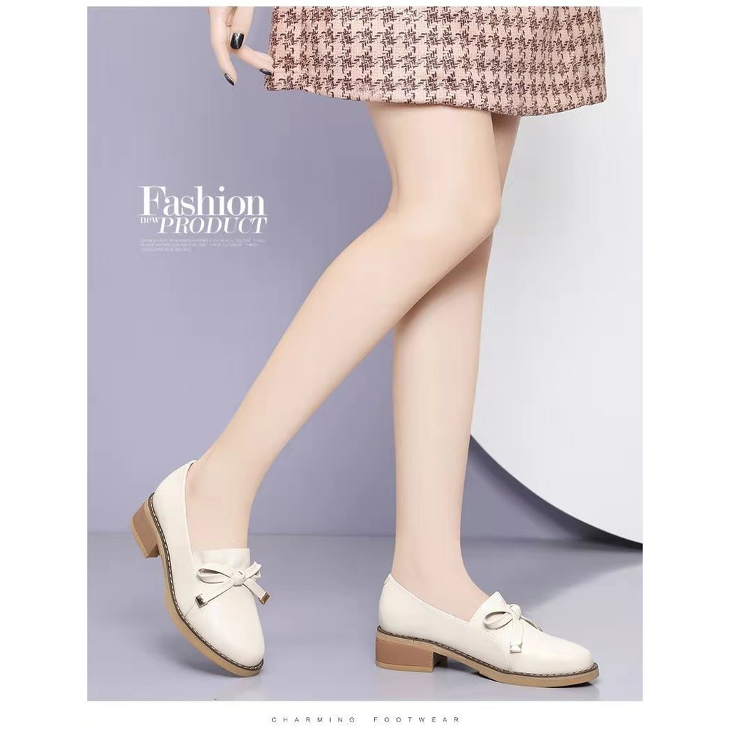 Giày Da Nữ Giày Búp Bê Đính Nơ 4 Phân Phong Cách Nhật Bản