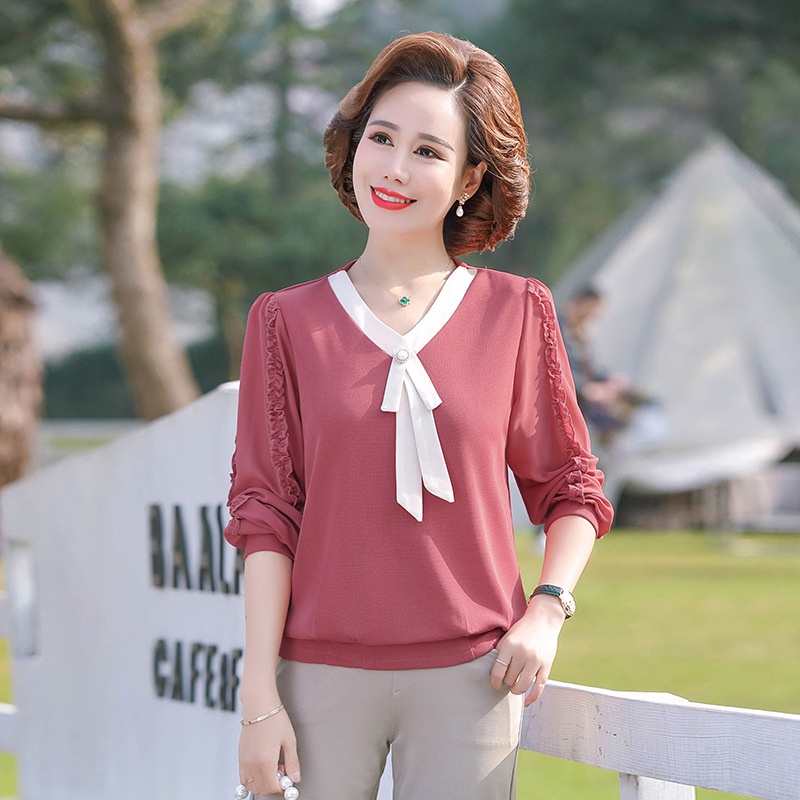 (Loại 1) Áo thun dài tay nơ trắng thu đông cho mẹ đi chơi đồ trung niên đẹp hiện đại sang trọng quần áo trung niên