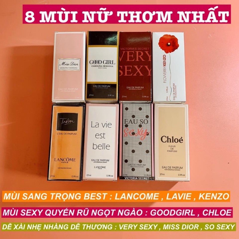 Tinh dầu nước hoa các hãng dung tích 27ml, lưu hương 12-24 tiếng. Inbox để được tư vấn mùi hương.