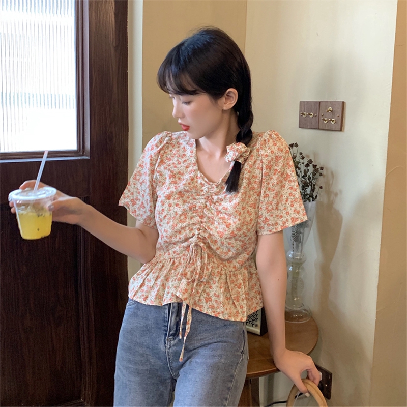 SUXI Áo Kiểu Tay Ngắn Chất Chiffon Hoạ Tiết Hoa Thời Trang Mùa Hè