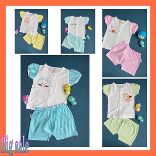 Set bộ quần đùi và áo thun cộc tay phối nút cài giữa cho bé gái họa tiết dễ thương vải cotton mềm mịn, thoáng mát
