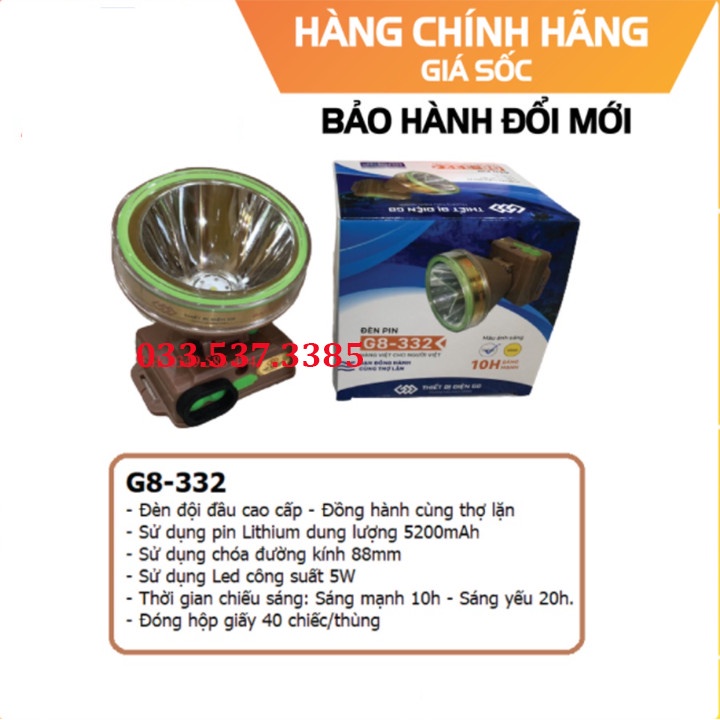 Đèn đeo đầu G8 332, đèn pin led đội đầu chiếu sáng mạnh dung lượng pin lớn
