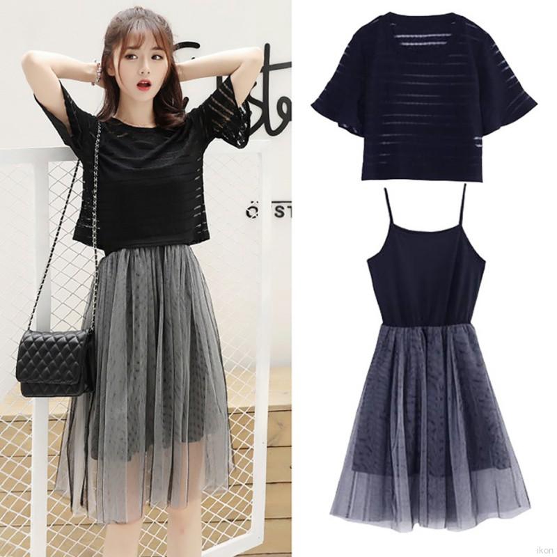 Set váy áo hai dây phối voan kèm áo lưới tay ngắn mặc ngoài thời trang cho nữ