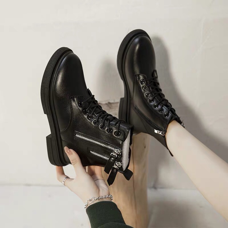 Giày boot nữ phong cách hàn quốc 2 khóa kéo cá tính