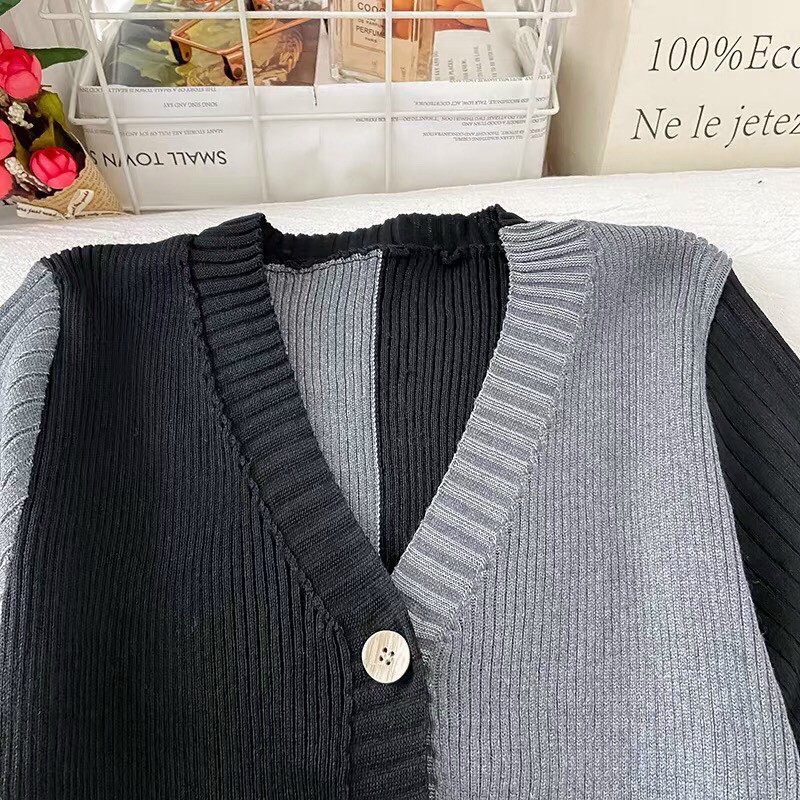 Áo len pha màu dáng cardigan style đường phố