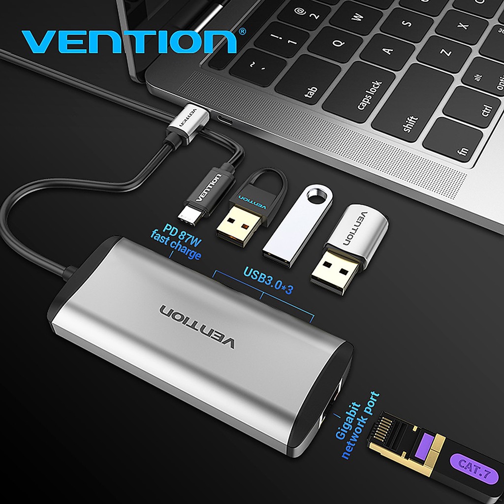 Cáp chuyển đổi Type-C ra LAN Gigabit 10/100/1000Mbps kèm 3 cổng USB 3.0 cao cấp chính hãng Vention TGDHB