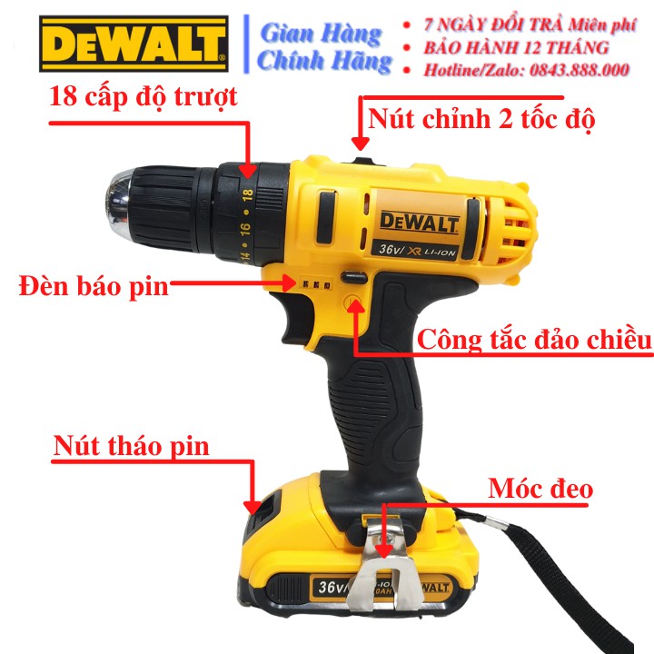 Máy khoan PIN Dewalt 36V (CÓ BÚA) - 2 PIN - TẶNG KÈM 4 MŨI: Khoan bê tông, Khoan sắt, Khoan gỗ, Bắt vít