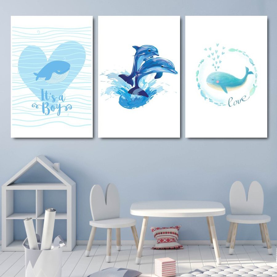 Tranh treo tường canvas những chú cá voi dễ thương decor trang trí phòng khách, phòng ngủ có khung cao cấp khổ lớn 40x60
