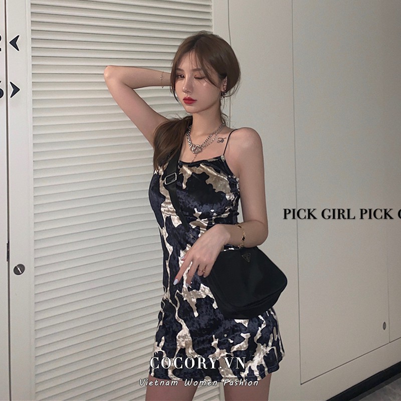 Đầm bodycon hai dây gợi cảm họa tiết bò sữa vintage