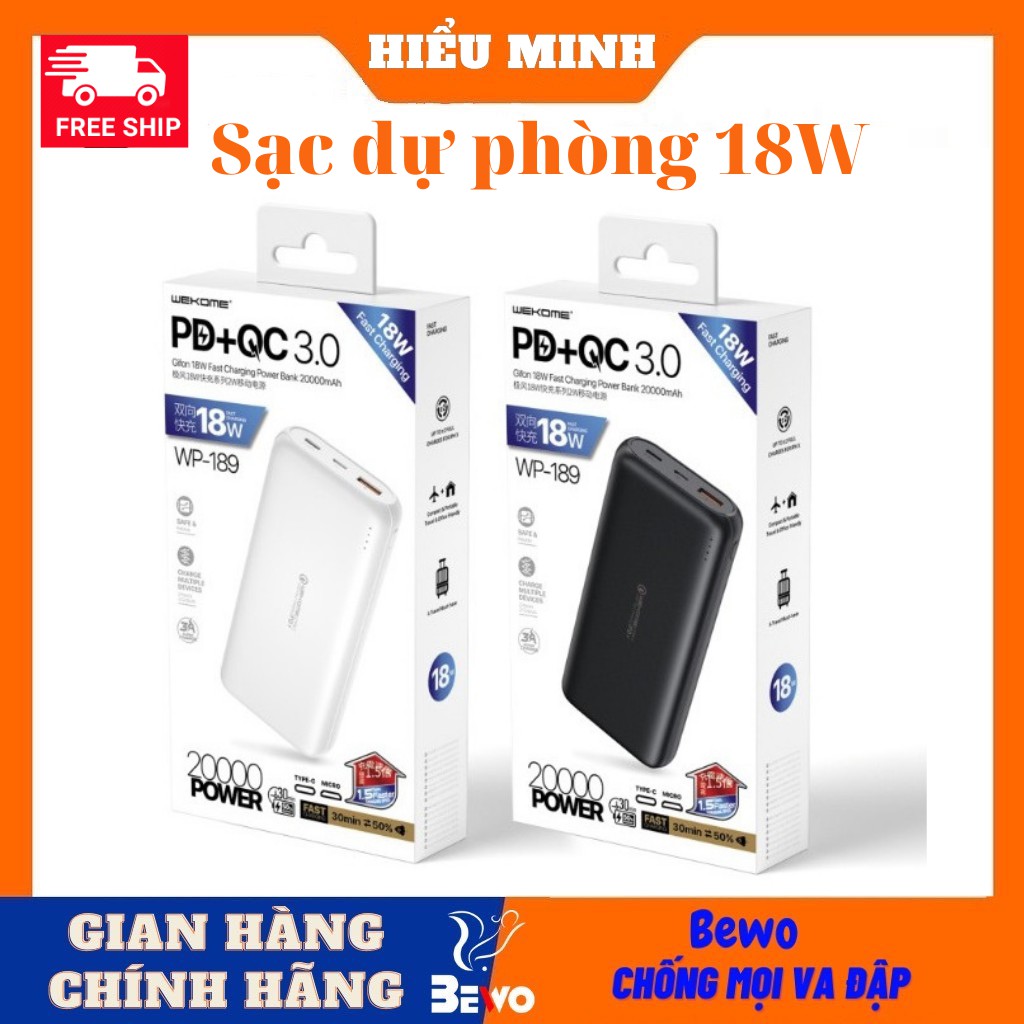 Sạc dự phòng 20000mah , kèm sạc nhanh 18W , chính hãng bảo hành 12 tháng