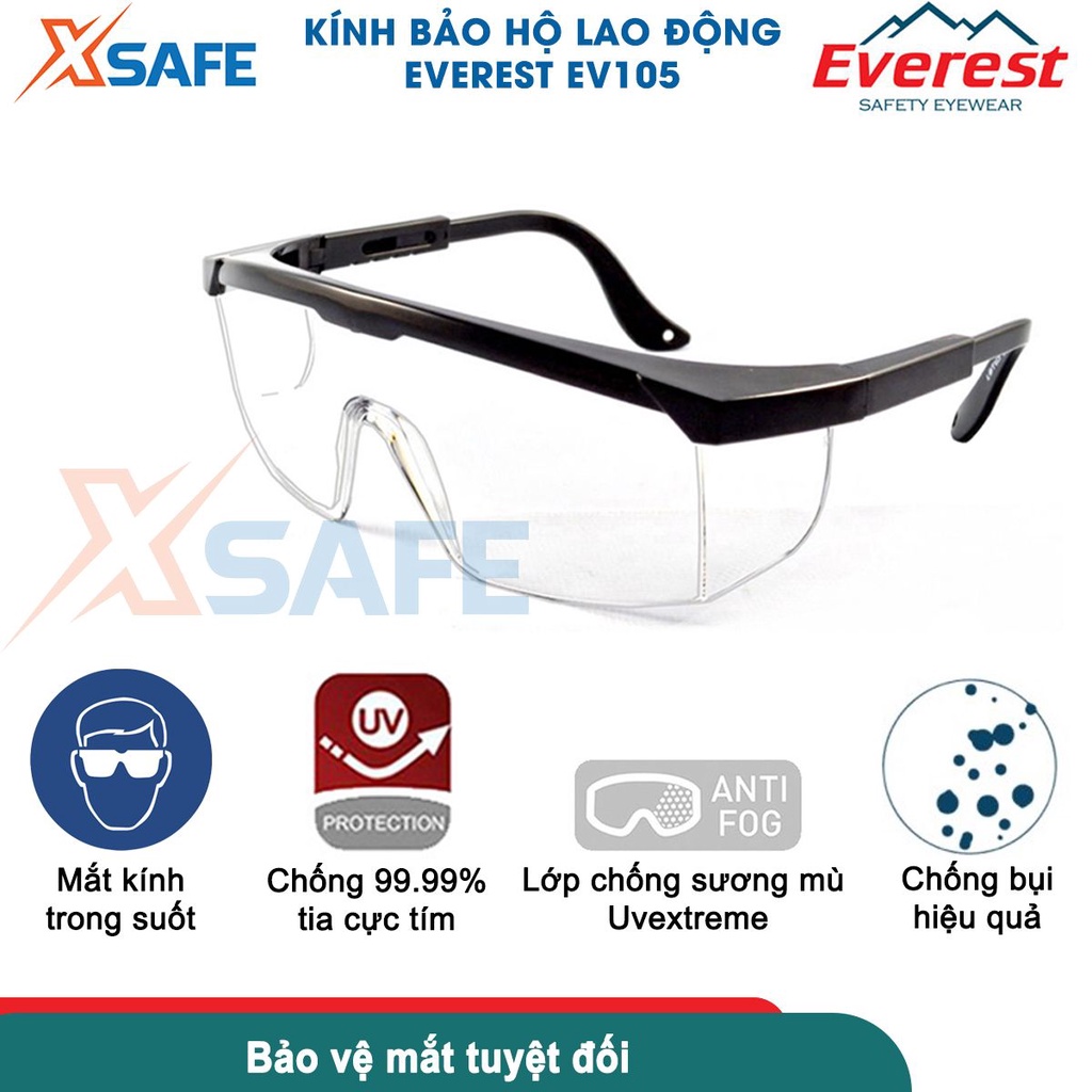 Kính bảo hộ Everest EV105 (2 màu trắng/đen) Kính chống bụi, chống tia UV, chống trầy xước, đọng sương, bảo vệ mắt