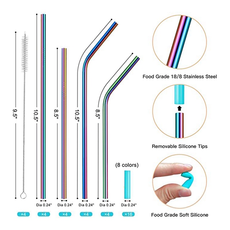 Bộ 16 Ống Hút Kim Loại Dài Bằng Thép Không Gỉ Nhiều Màu Sắc Kèm Đầu Silicone Và Có Thể Tái Sử Dụng