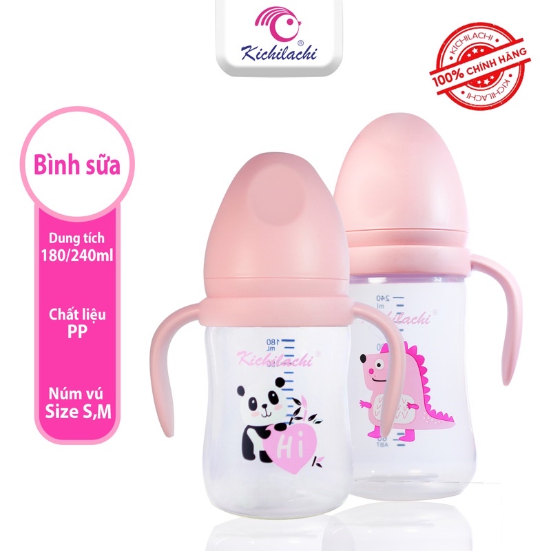 Bình sữa cổ rộng Kichilachi PP núm ty silicon siêu mềm, chống sặc và đầy hơi cho bé 180ml/240ml