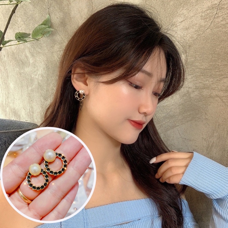 khuyên tai cao cấp s925 hình tròn màu đen thiết kế cho nữ mã Th19947
