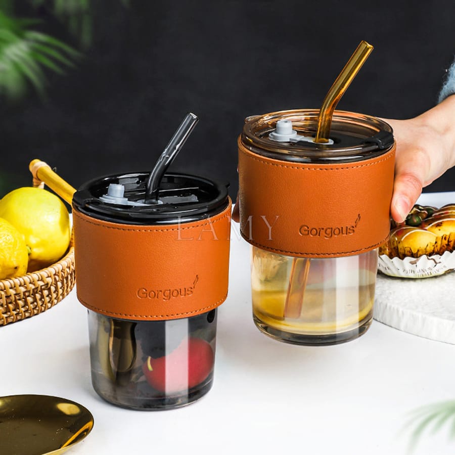 Cốc Thuỷ Tinh Vỏ Da Có Nắp Và Ống Hút, Ly Uống Nước Đẹp Dung Tích 420 và 450ml Chất Liệu Thuỷ Tinh Dày Dặn An Toàn